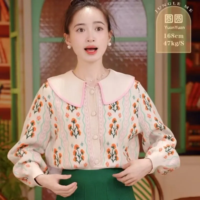 Осень и зима новый кукольный воротник милый вязаный свитер кардиган цветок