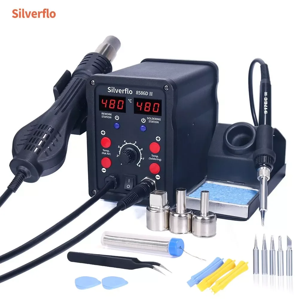 

NEW Silverflo 8586D stacja lutownicza 2 w 1 gorące wiatrówka stacja lutownicza z 2 cyfrowy wyświetlacz, 10 minut tryb uśpien
