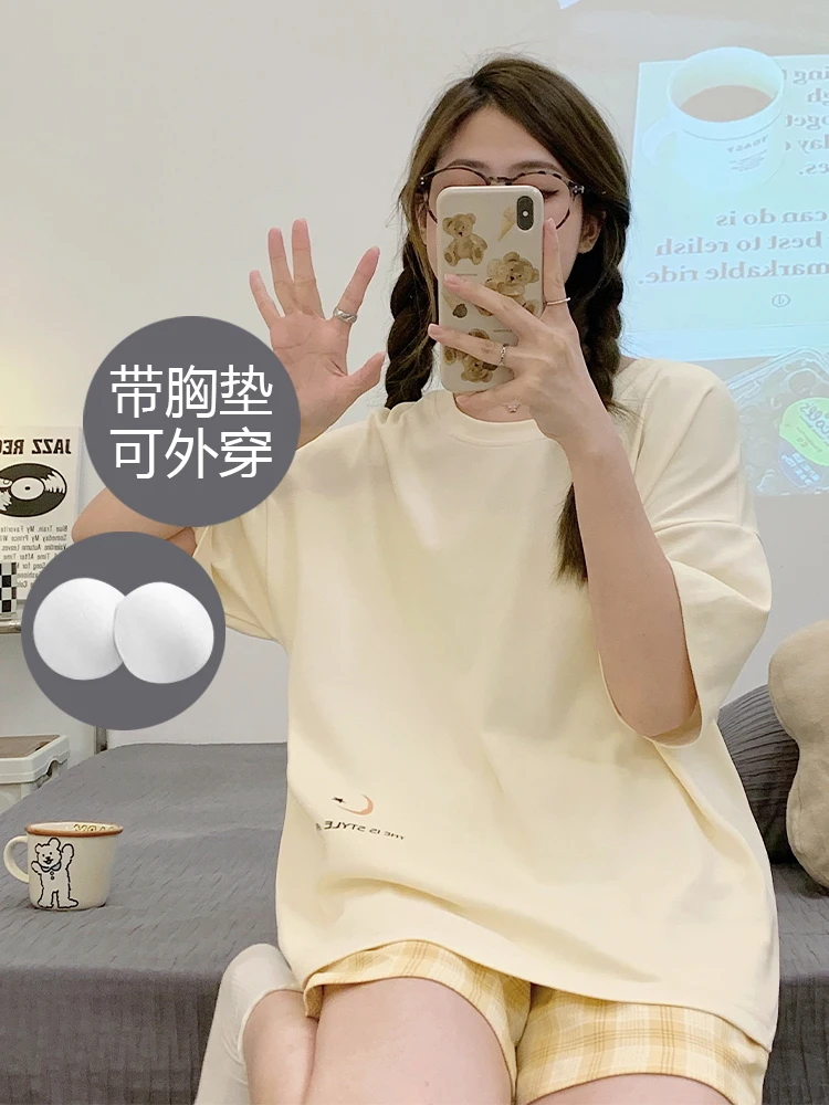 Women's Pajamas Summer With Chest Pad One Short sleeve Shorts Loose Set 2024 New Casual Home Wear
