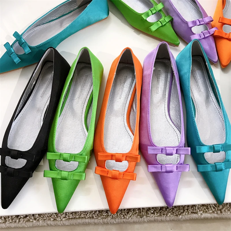 

2022 New Spring Flats Orange Shoes Pointed Toe Shallow Slip On Ladies Elegant Ballerina Fashion Bow-knot Casual Women Loafers