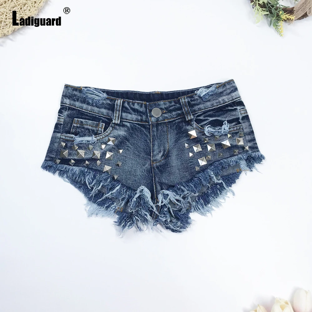 Ladiguard 2022 Sexy Thong Ripped denim shorts Women High Grade Short Jeans Slim Demin Panties Vintage Embroidered Flare hotpants