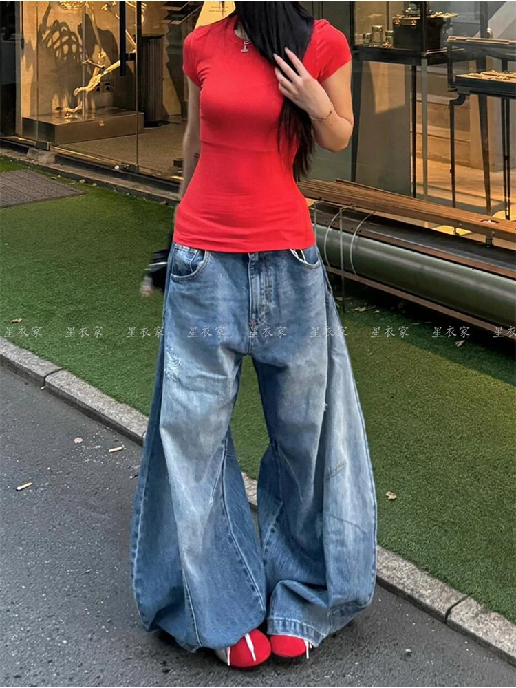 Женские синие мешковатые джинсы Y2k в стиле Харадзюку 90-х эстетические джинсовые