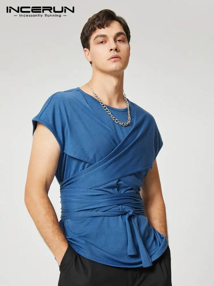 

Handsome Well Fitting Men's Tops INCERUN Front Layered Design Camiseta Solid Comfortable Tie Short-sleeved O-neck T-shirts S-5XL