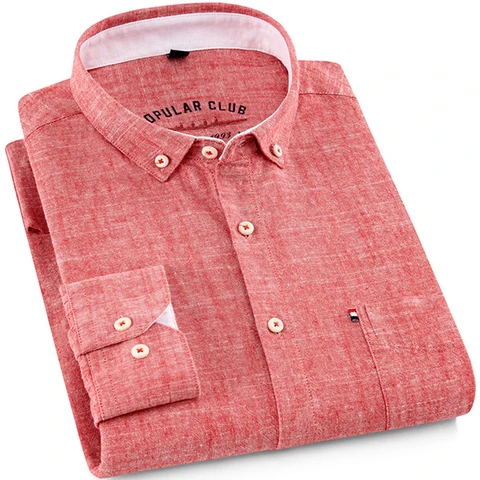 Camisa de vestido de colar de botão sólida dos homens - mistura de algodão respirável - manga longa, slim -fit - primavera no verão casual chic