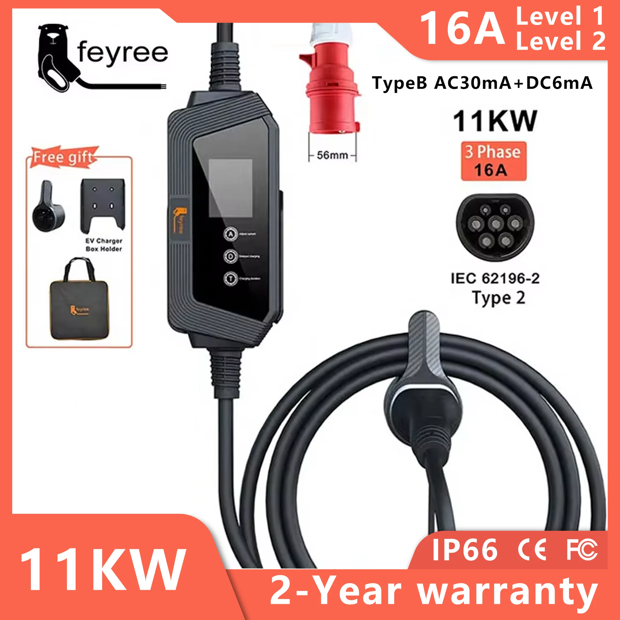 Feyree Type2 Зарядное устройство для электромобилей 11 кВт 16 А 3-фазная портативная