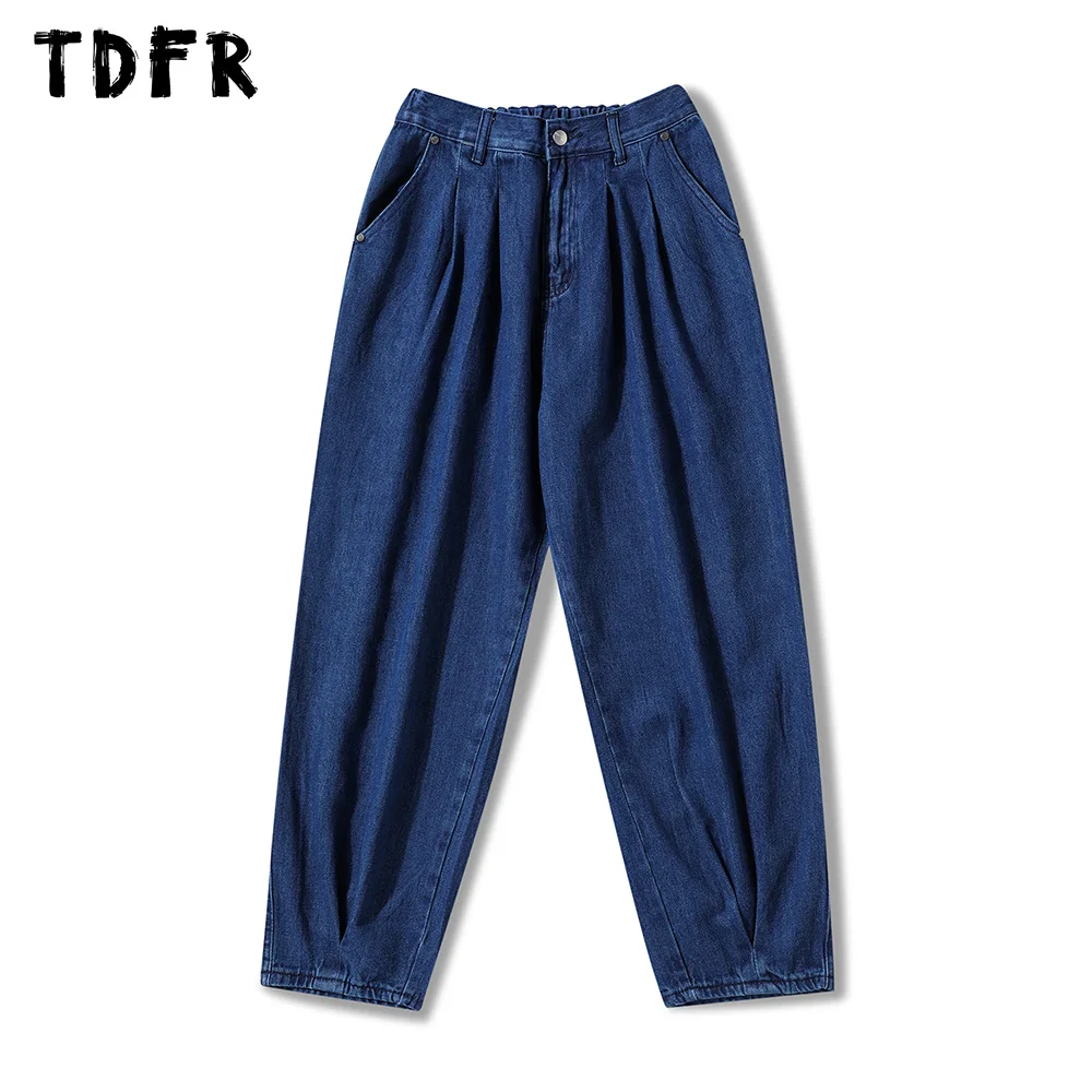 

Pocket Denim Pants Mens Solid Color Casual Streetwear Loose Wide Leg Elastic Waist Jeans Men Trousers