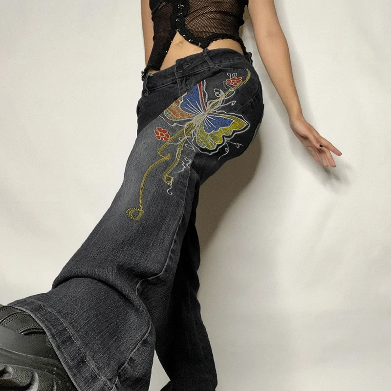 

Sunny y.j. Embroidery Butterfly Black Grunge Jeans Mom Vintage Straight Leg Cargo Jeans Y2K Straight Leg Baggy Pants Denim Black