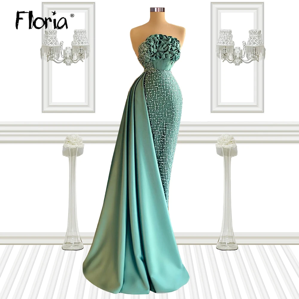 

Floria Green Beaded Evening Dress Ruffles Strapless Mermaid Long Prom Party Gowns 2022 Arabic Vestidos De Noche Custom Made