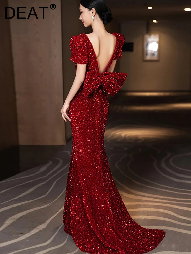 

DEAT Women's Fashion Evening Dress V-neck Broad Shoulder Spliced Bow Sequins Backless Elegant Dresses Summer 2023 New 13DB2957