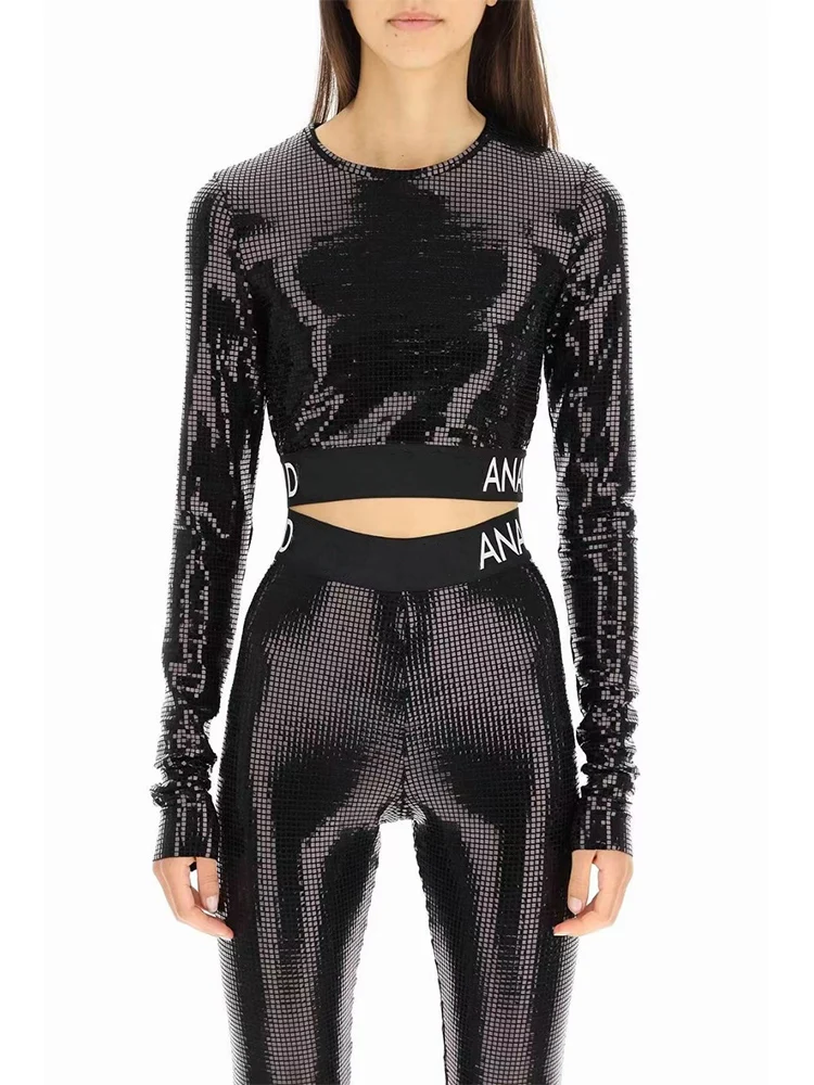 

Designer's retro sequined round neck turtleneck short T-piece two-piece ladies' new+high waist letter tight pants fashion suit