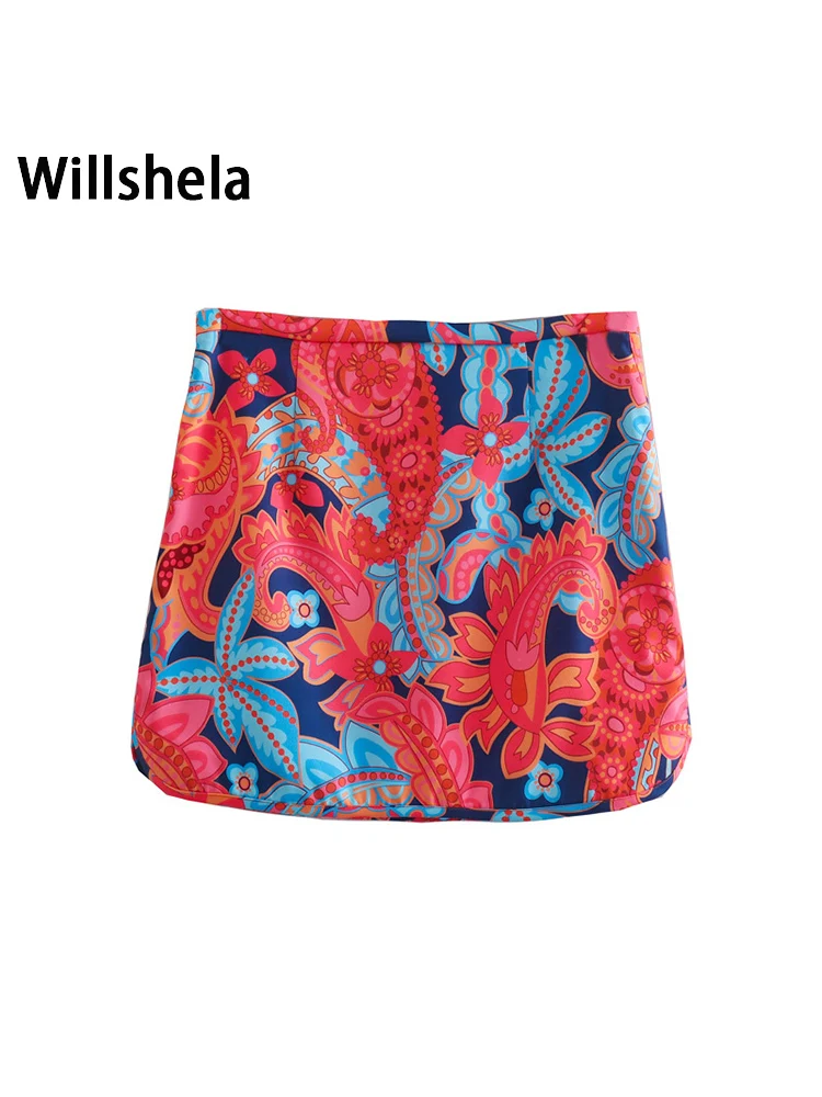 

Willshela Women Fashion Printed Back Zipper Mini Skirts Vintage High Waist Female Chic Lady Short Skirts