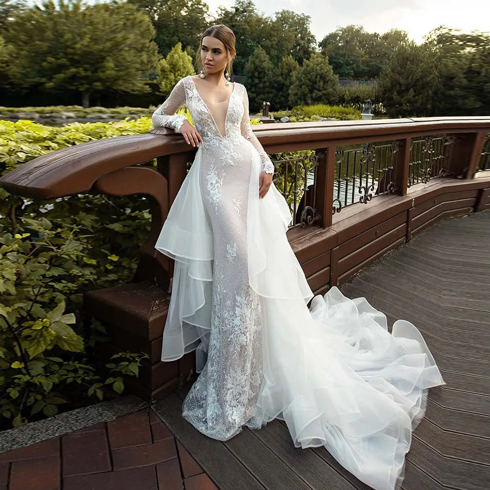 

Luxury Wedding Dresses Glitter Sequins Sexy Deep V-Neck Backless Bridal Gown 2022 New Detachable Train Lace Appliques Bride Gown