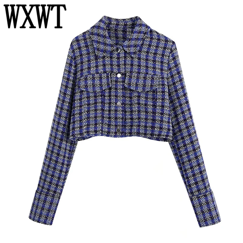 

WXWT Women Plaid Texture Cropped Jacket Coats Turn Down Collar Single Breasted Outerwear With Pockets Female Streetwear Tops