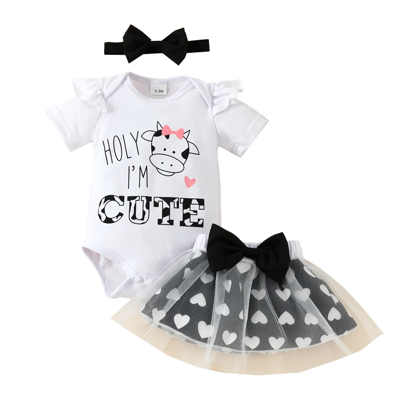 Summer Baby Girl Clothing White Short Sleeve Dairy Cow Jumpsuit Bow Mesh Gauze Half Skirt Set 3-18 Months