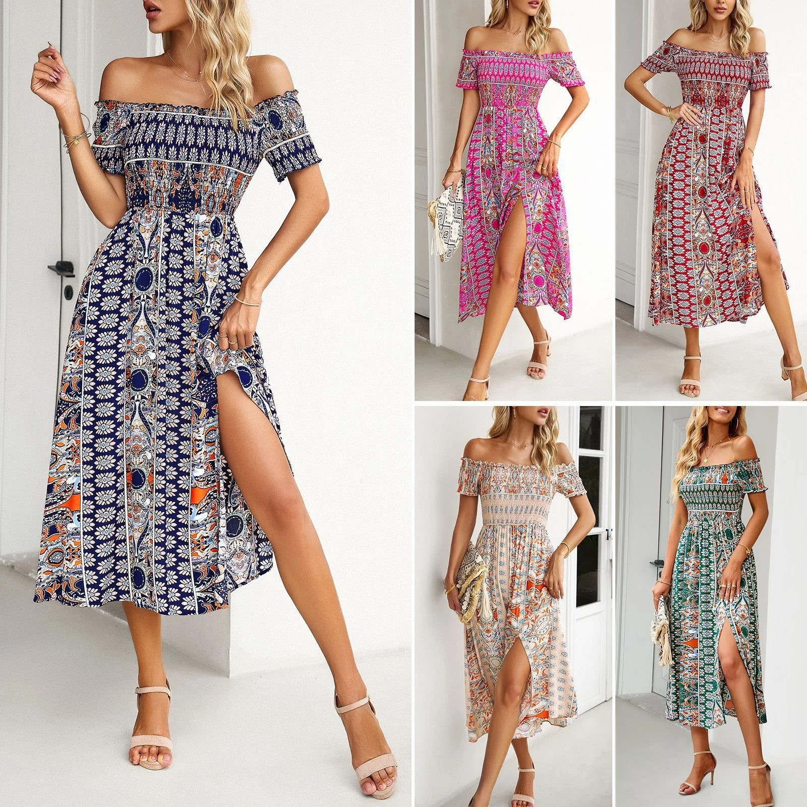 

2023Casual print elegant dress,Dress Summer New Line Off Shoulder Bohemian Split Swing Skirt