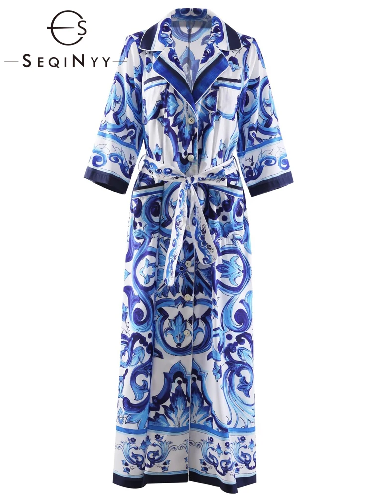 SEQINYY Nightgown Long Dress Spring Autumn New Fashion Design Women Runway High Street Vintage Blue Flower Print Sicily Loose