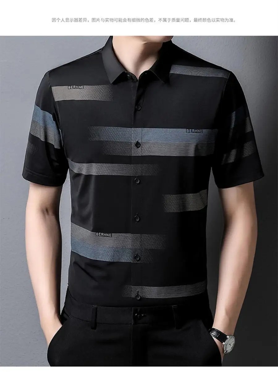 

New summer men's shirt ice silk short sleeve stripe thin stretch young and middle-aged short sleeve shirt male Designer Black Bl
