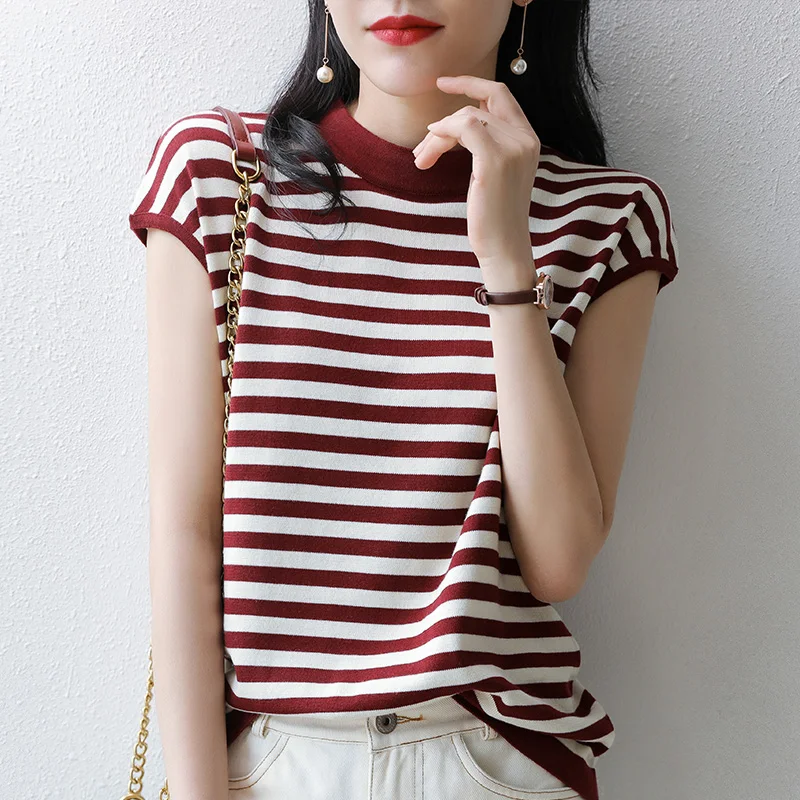 

2023 summer new pure cotton T-shirt women's casual pullover knitted sweater short sleeve half high neck vest T-shirt stripe top