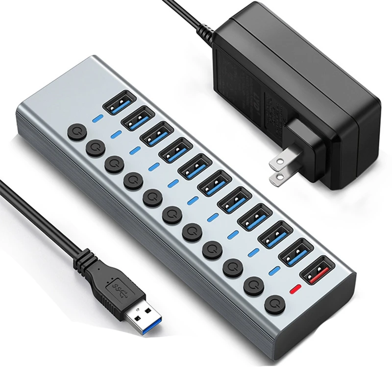 Разветвитель для компьютера 11 портов USB 3 0 быстрая зарядка внешний блок питания 12