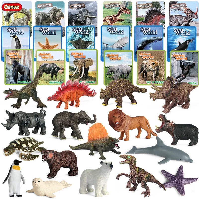 

Oenux Zoo Animals Jurassic Dinosaur Farm Wildlife Card Lion Shark Cow Horse T-REX Action Figures Model Education Toy Kids Gift
