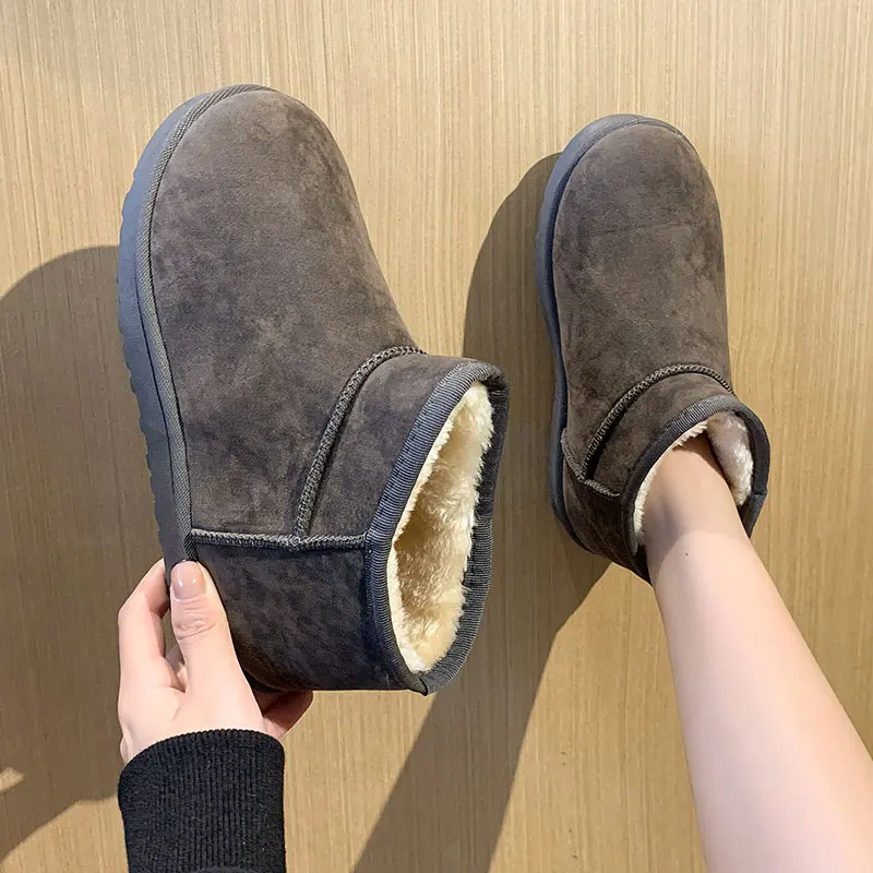 

Woman Flat Boots Female Shoes Round Toe Plush Australia Winter Footwear Luxury Designer Boots-Women Low Ladies Ankle Fur Snow R