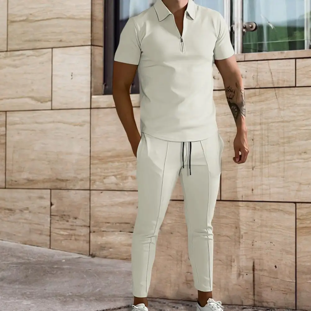 

2Pcs/Set Practical Summer Tracksuit Breathable Tops Pants Suit Washable Solid Color Men's Sports Suit Casual Wearing