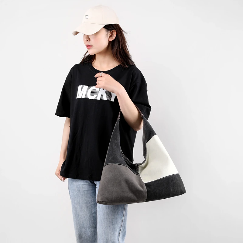 

2023 Summer New Color-blocking Casual Tote Bag Large-capacity Commuter Fashion Ladies Shoulder Bag Canvas Underarm Bag