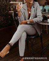 womens checked slim lapel suit set 2021 autumn casual office lady long sleeve jacket high waist trousers sets