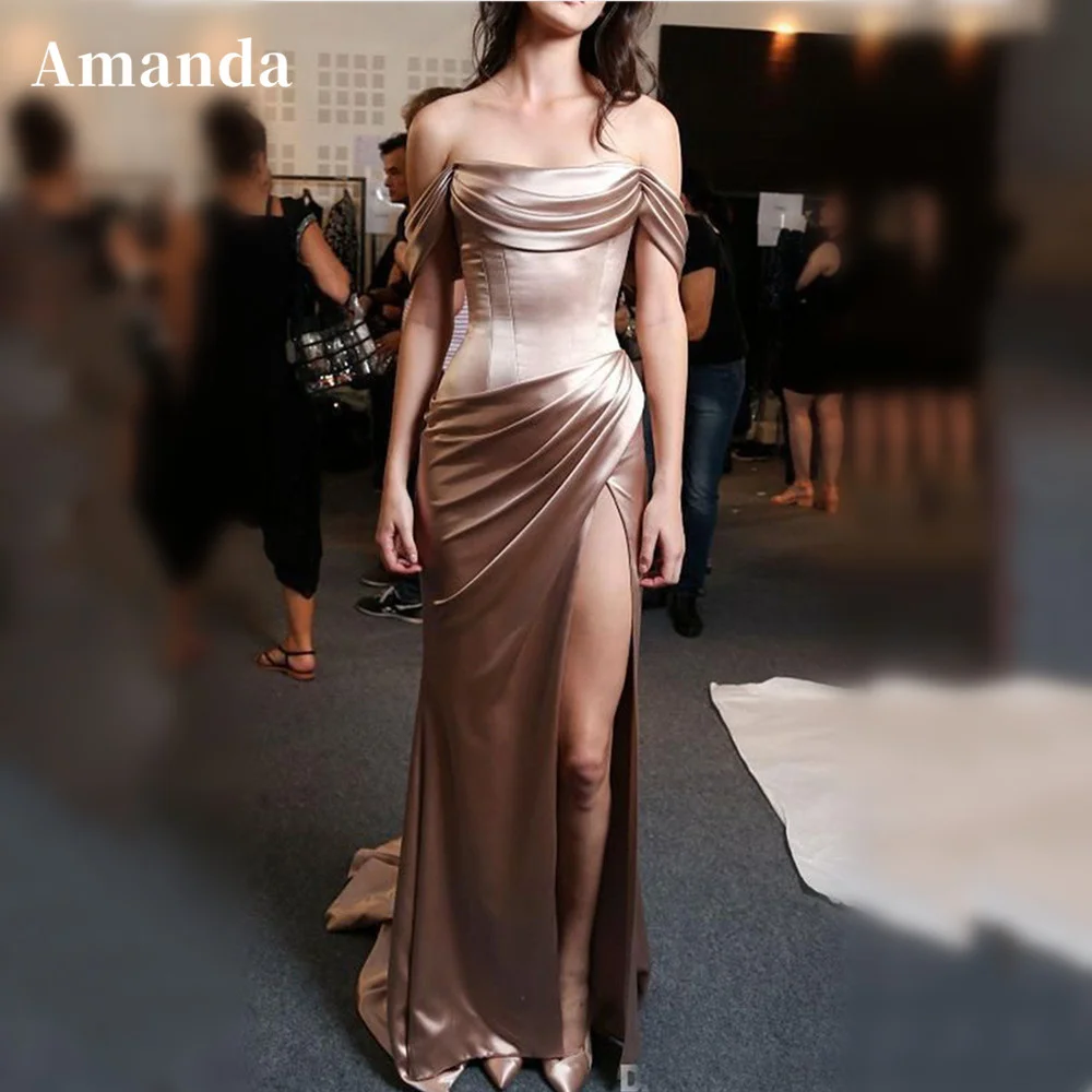 

Amanda Sexy Off Shoulder فستان سهرة Dark Champagne Party Dress Silk Mermaid Evening Dresses Sexy Side Split Fishtail Prom Dress