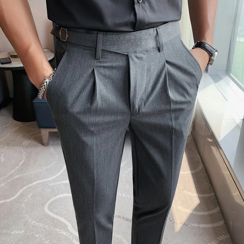 2022 New Style Men Business Casual Dress Pants Men Belt Design Slim Trousers Formal Office Social Wedding Party Dress Suit Pant