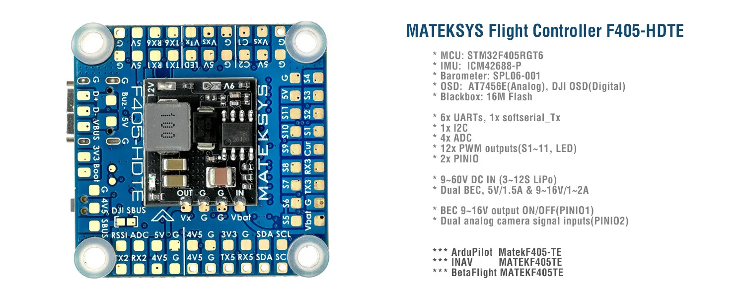 

2022 New MATEK F405-HDTE Dual BEC Baro OSD Blackbox 3-12S LIPO F4 Flight Controller 30X30mm for RC Airplane FPV Freestyle Drones