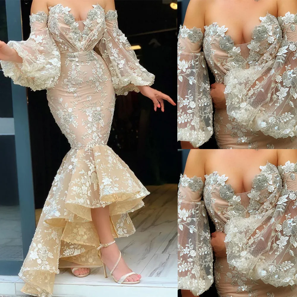 

Sexy Off-Shoulder Mermaid Prom Party Gown Long Sleeve Floor-Length Beaded Applique Sequins Lace long Backless Illusion Custom