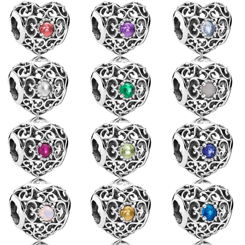 

New 925 Sterling Silver Charm Openwork Month Signature Regal Pattern Heart Birthstone Beads Fit Pandora Bracelet DIY Jewelry