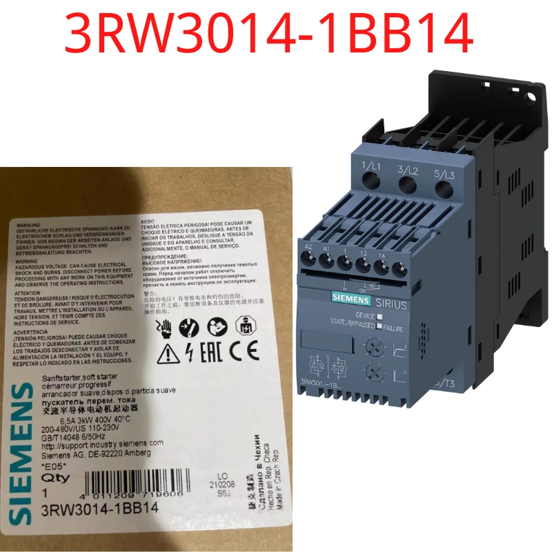 

3RW3014-1BB1 4 Новый мягкий стартер SIRIUS S00 6,5 A, 3 кВт/400 В, 40 °C 200-480 В переменного тока, 110-230 В переменного/постоянного тока, винтовые клеммы