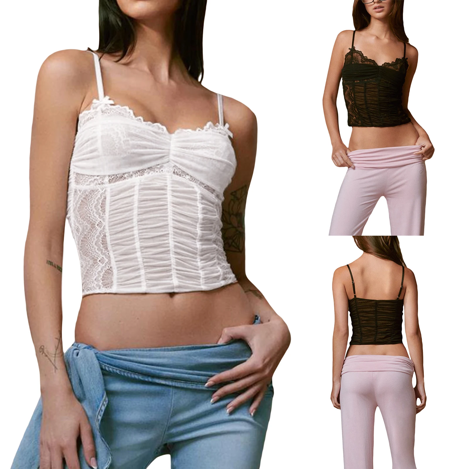 

Women's Sexy Mesh Crop Cami Crop Tops Sleeveless Spaghetti Strap Lace Patchwork See-through Camisole Summer Club Streetwear