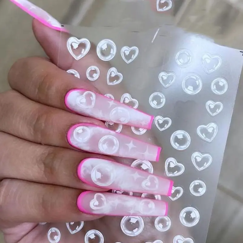 

1pc 5D Engraved Bubble Nail Sticker Decals Pink/White/Blue Bubble Design Nail Applique Parts Stereoscopic Manicure Accessories
