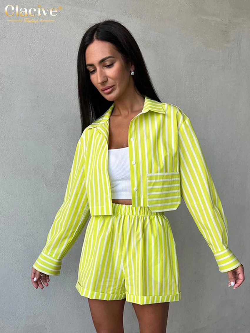 

Clacive Fashion Long Sleeve Crop Top 2 Piece Sets Women Outfit Elegant Stripe Print Short Sets Casual Loose Classic Shorts Suit