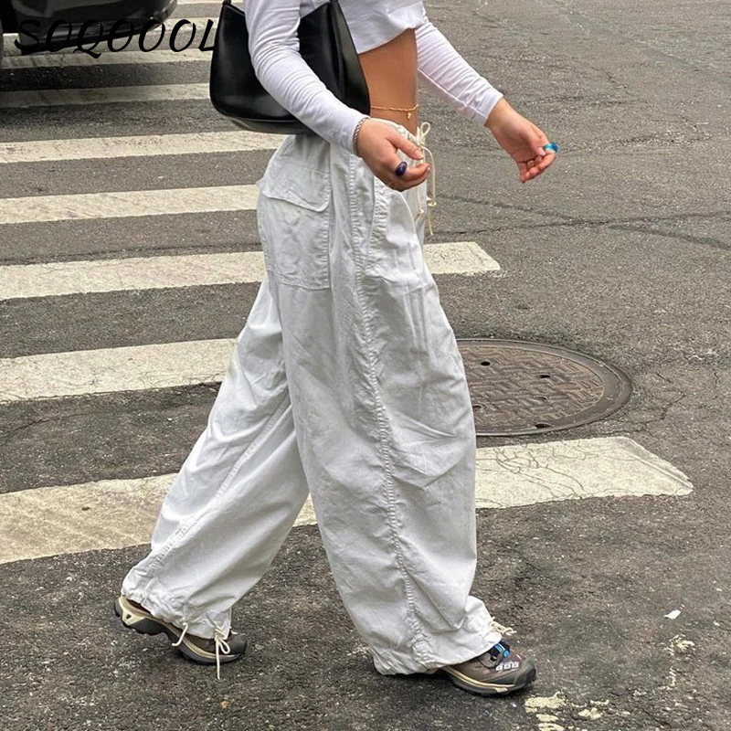 

Hippie Y2K Cargo Pants Women Low Waist Sweatpant Drawstring Pockets Baggy Wide Leg Trousers Korean Fashion Vintage White Joggers