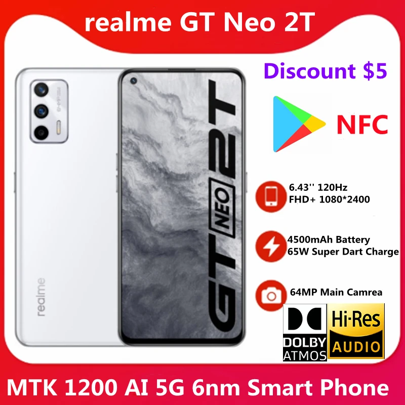 

Смартфон realme GT Neo 2T, 1200 дюйма, 6,43 Гц, 120 мАч, 64 мп