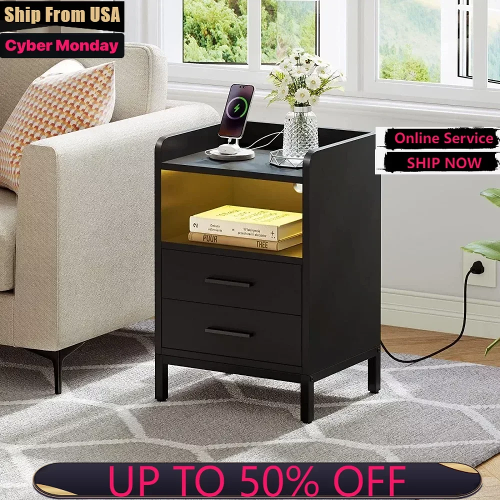 

Black Night Stand with LED Lights and Charging Station, End Bedside Table with 2 Drawers, Open Storage, USB Ports and Outlets