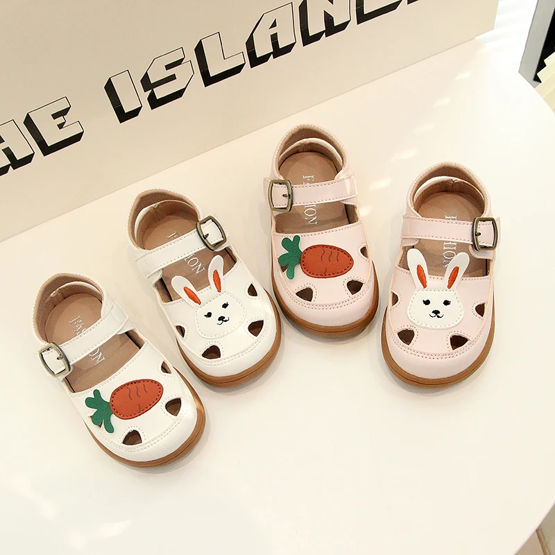 Bunny & Carrot Embroidery Pu Leather Shoes Baby Girls Summer Cut-out Loafers Toddler Child Cute Animal Buckle Strap Flat Sandals