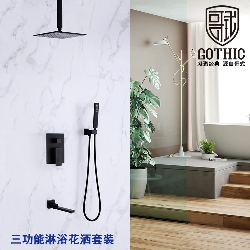 Bathroom Shower Faucet Brushed Gold Ceiling Mounted Rainfall Shower Column Dual Handle Concealed Black Shower Set Mixer Tap