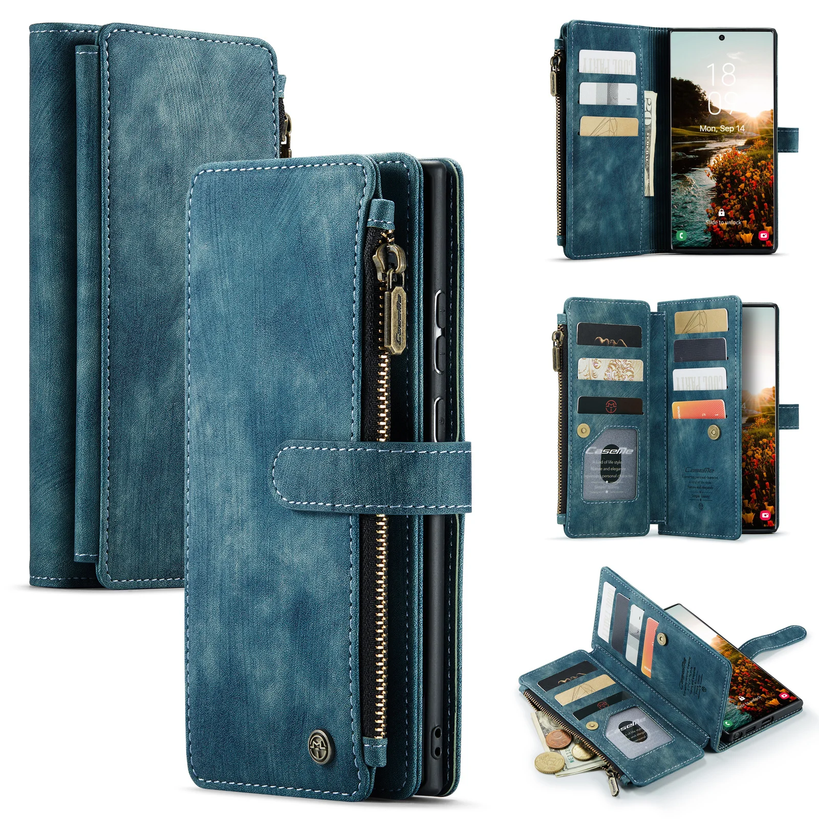 

for Samsung Galazy S21 S22 Ultra Wallet Case, Durable PU Leather Magnetic Wallet Flip Lanyard Strap Wristlet Zipper Card Case