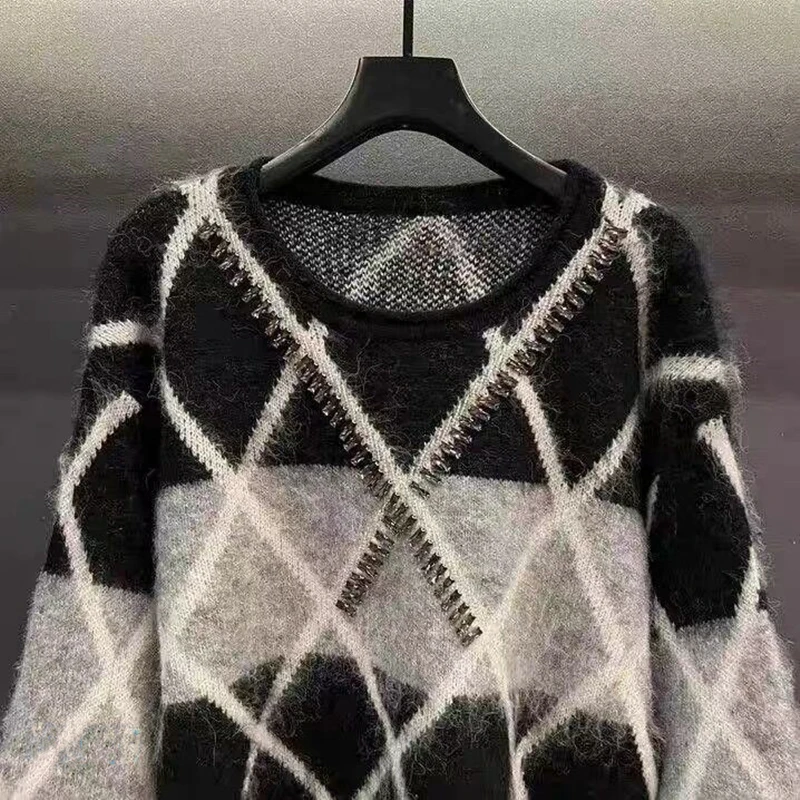 Женский свитер в клетку Matakawa винтажный свободный контрастных цветов Корейском