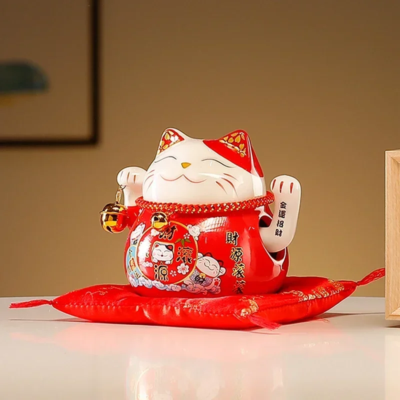 4 5-дюймовый керамический Beckoning Lucky Cat на батарейках Fortune Waving Arm Maneki Neko Подарочная