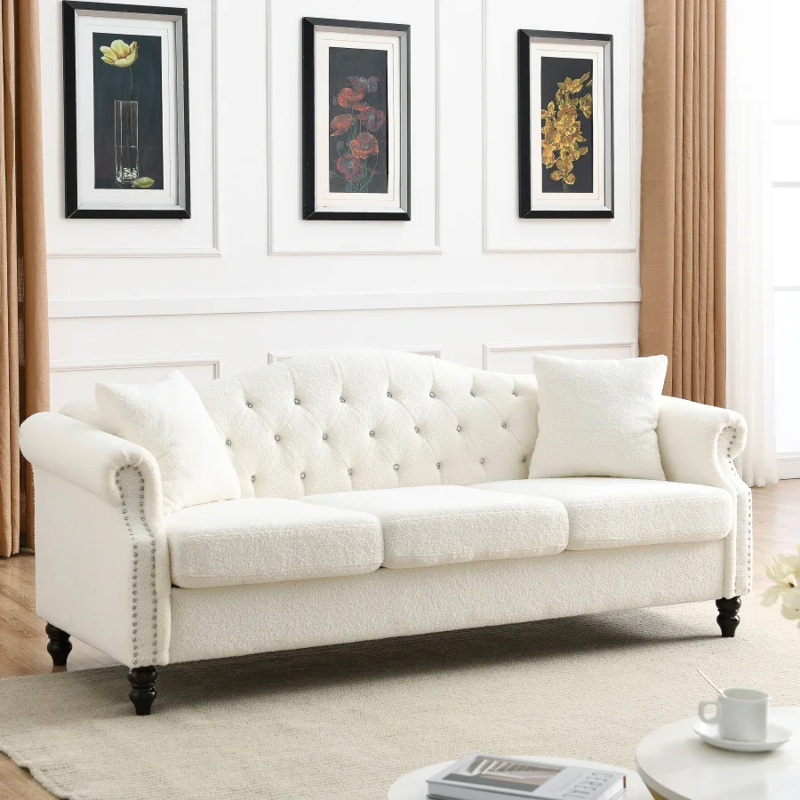 

79" Chesterfield Sofa Teddy White for Living Room, 3 Seater Sofa Tufted Couch with Rolled Arms and Nailhead Two Pillows