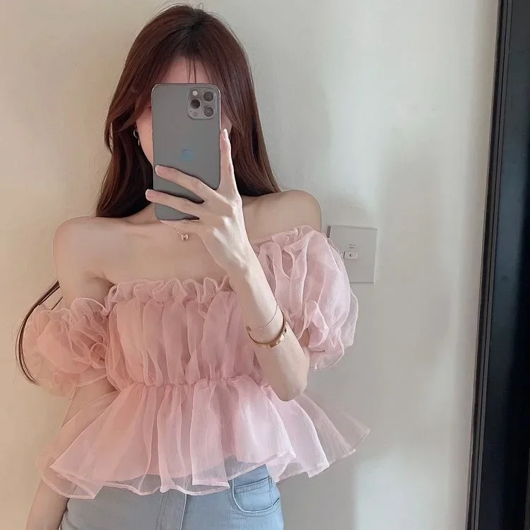 Шифоновый топ с открытыми плечами во французском стиле женская одежда летний