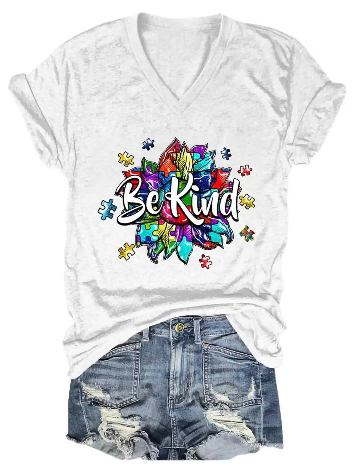 Lovessales Womens Be Kind Autism Awareness V-Neck 100% Cotton T-shirt