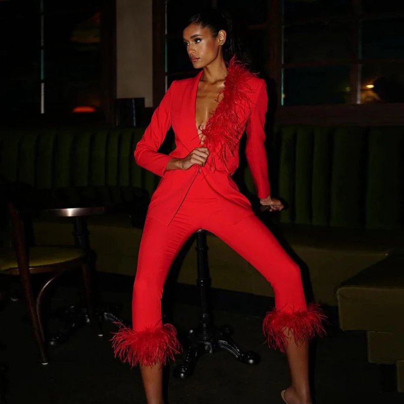 MSMUSI 2024 новый модный женский сексуальный комплект из двух предметов с перьями
