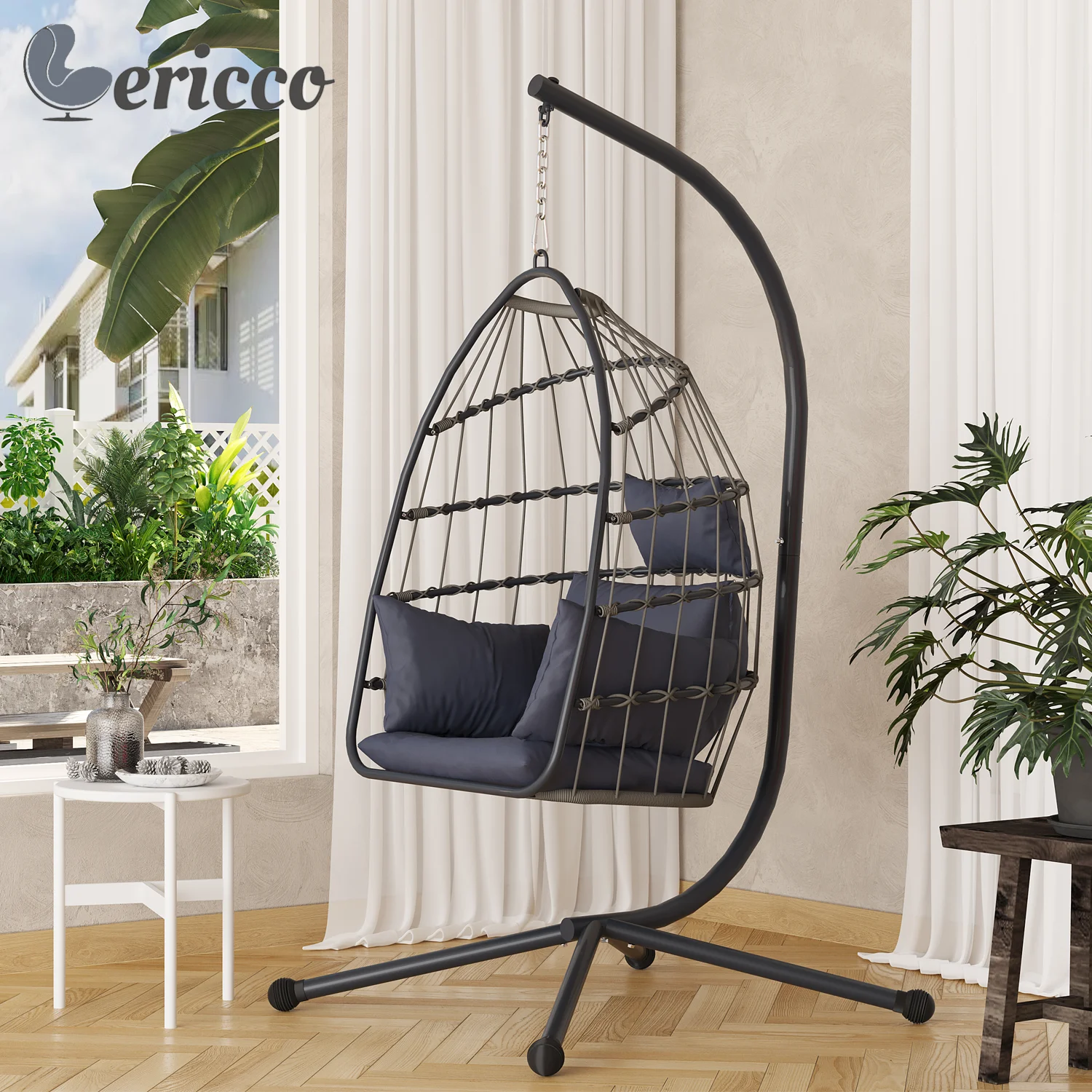 

GERICCO Hanging Chair Egg Chair Wicker Rattan Swing Chair with X Hammock Stand Soft Seat Cushion Hammock Chairs Patio Furniture